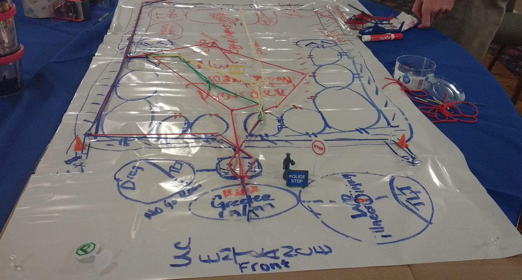 A large clear plastic sheet laid over a table, covered in hand drawn departments and coloured movement paths.