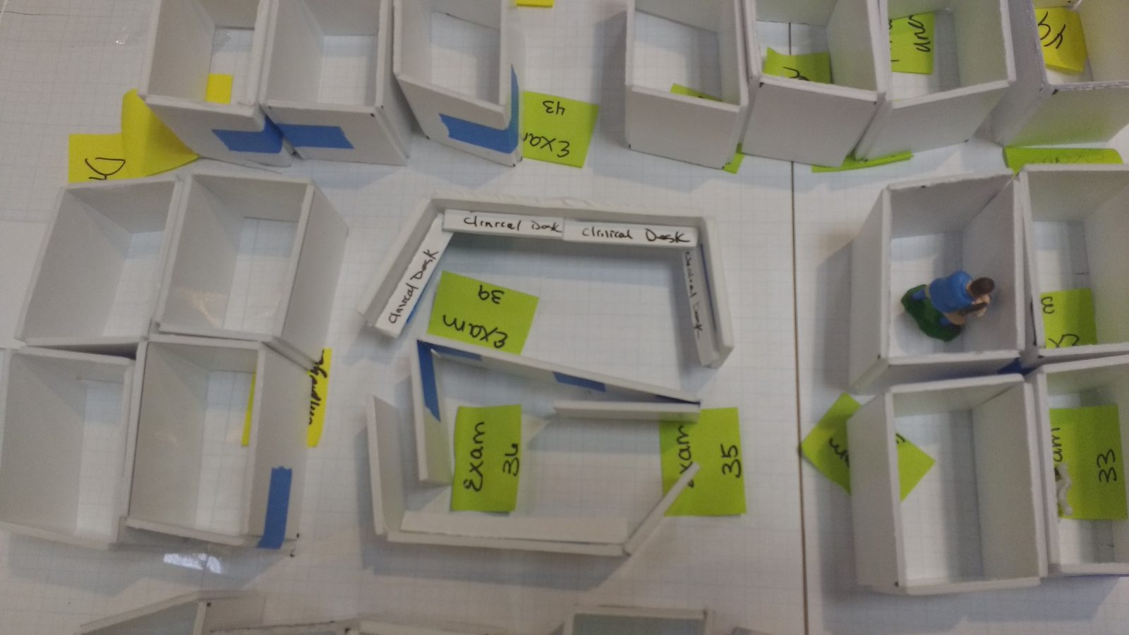 Scale models of exam rooms cut from foam board and labelled with sticky notes, arranged on a table to test a proposed department layout.