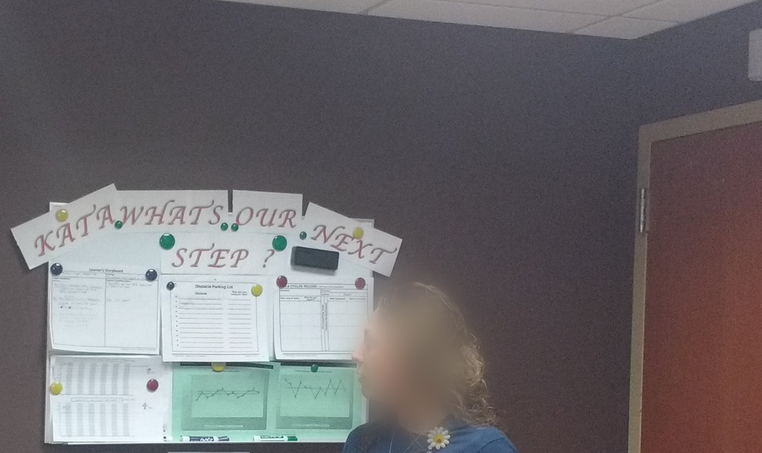 A coaching board on a hospital unit wall headed KATA, WHAT IS OUR NEXT STEP, carrying a learner's storyboard, an obstacle parking list and a cycles record.